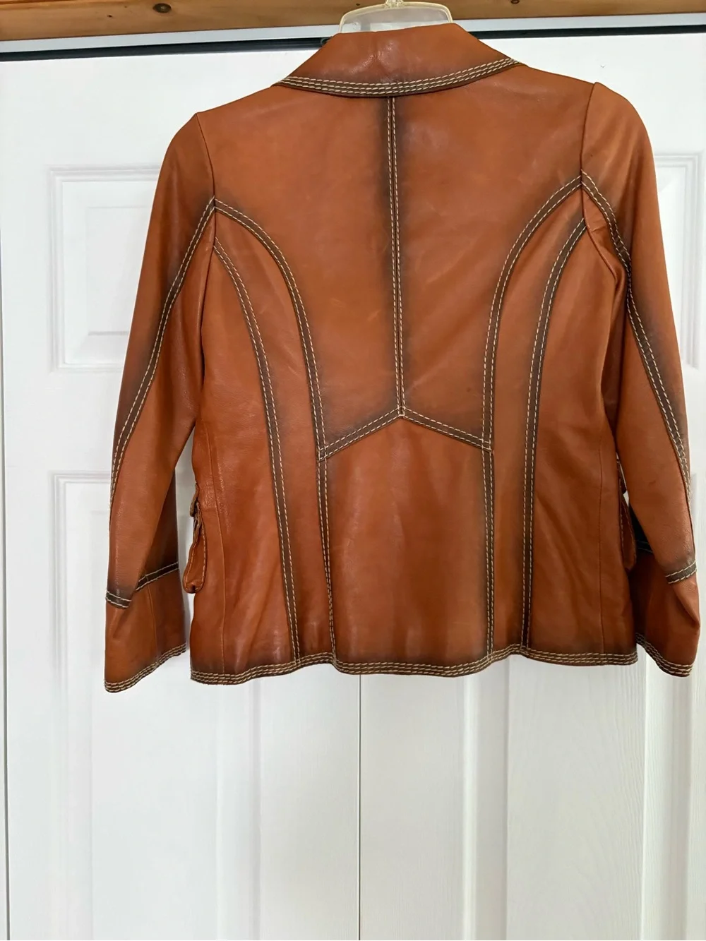 True Religion Tan Leather Blazer with Contrast Stitching